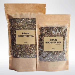 May include: Two brown paper bags filled with loose leaf tea. The bags are labelled "Brain Booster Tea" with the weight of the tea in grams. The larger bag is 200g and the smaller bag is 50g.