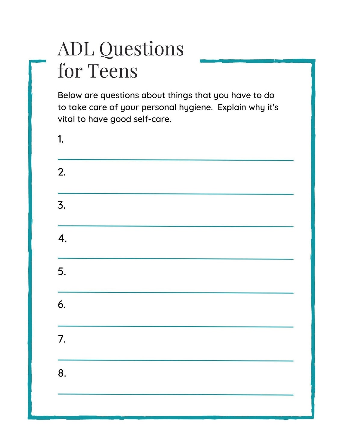 ADL Questions for Teens Worksheet | Etsy