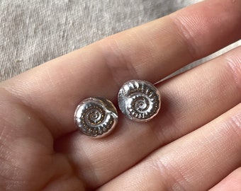 Handmade .925 Recycled Sterling Silver Ammonite Earrings / Genuine Silver Shell Studs / Jewellery Gifts for her, Gifts for him