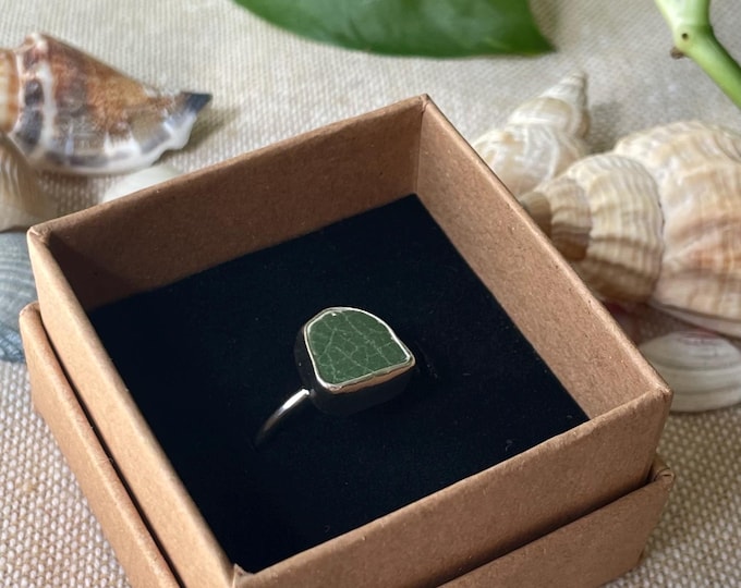Handmade .925 Recycled Sterling Silver Sea Pottery Ring / Genuine green Sea Pottery / Size UK Q / Jewellery Gifts for her, Gifts for him