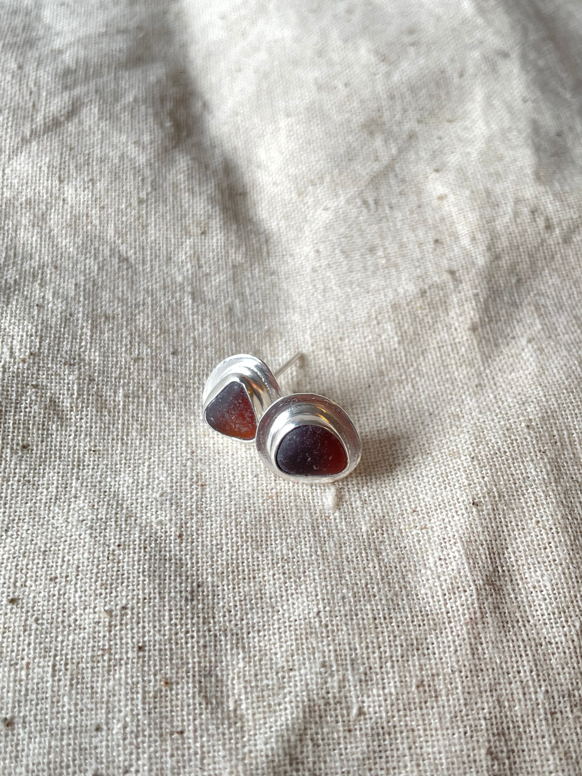 Handmade .925 Recycled Sterling Silver Sea Glass Earrings / Genuine Brown Sea Glass Studs / Jewellery Gifts for her, Gifts for him
