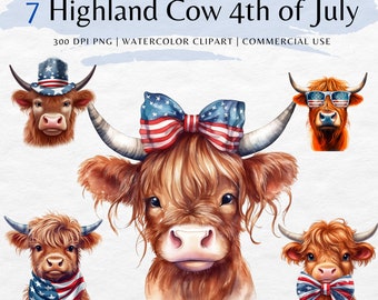 USA Highland Cow png,  4th of July Clipart Bundle | Patriotic 4th July png, Independence Day | Commercial use