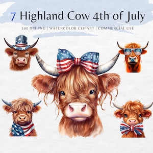 USA Highland Cow png, 4 juillet Clipart Bundle | Patriotique 4 juillet png, Jour de l'Indépendance | Un usage commercial