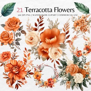 Terrakotta Hochzeit Blumen Clipart Bundle | Aquarell Hochzeit Blumen PNG, Blumensträuße | Blumenkranz Illustration