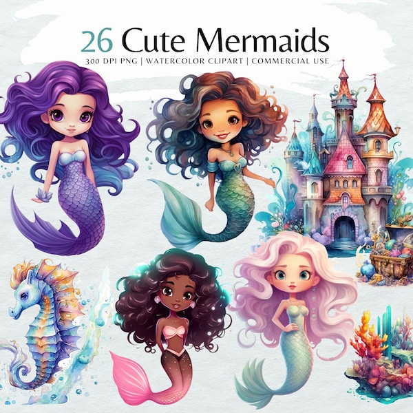Mermaid Clipart Bundle | Watercolor cute mermaid Clipart png | Sea Life, Instant Download Images | Commercial use
