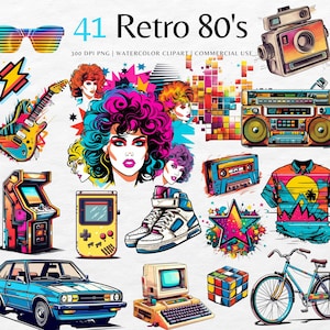 Pacote de clipart retrô dos anos 80 | Clipart vintage dos anos 80 png | Néon, download instantâneo | Uso comercial