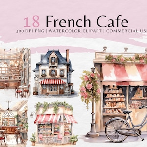 Pacote de clipart em aquarela de café francês | Clipart de menina de Paris png | Download instantâneo de imagens | Uso comercial