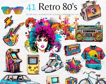 Retro 80-tals akvarell clipart-paket: Neon PNG-bilder (direkt nedladdning)
