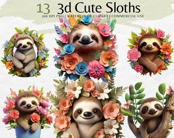 May include: Thirteen 3D digital illustrations of cute sloths in various poses, surrounded by colorful flowers and greenery. The sloths are brown and have big, black eyes. The flowers are pink, blue, yellow, and orange. The greenery is green and lush. The illustrations are perfect for use in digital scrapbooking, card making, and other creative projects.