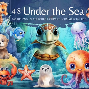 Pacote de clipart em aquarela de animais fofos do fundo do mar | Animais marinhos Clipart png | Vida marinha, download instantâneo de imagens | Uso comercial