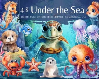 Pacote de clipart em aquarela de animais fofos do fundo do mar | Animais marinhos Clipart png | Vida marinha, download instantâneo de imagens | Uso comercial