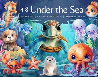 Cute Under the Sea Animals Watercolor Clip Art Bundle | Sea animals Clipart png | Sea Life, Instant Download Images | Commercial use