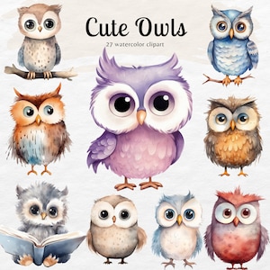 Ensemble de cliparts aquarelle hibou png | téléchargement numérique | Utilisation commerciale, png d'animaux mignons, clipart bébé hibou, chambre de bébé