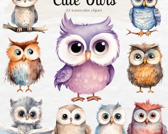 Watercolor Baby Owl Clipart Bundle | Nursery Animals (Digital Download)