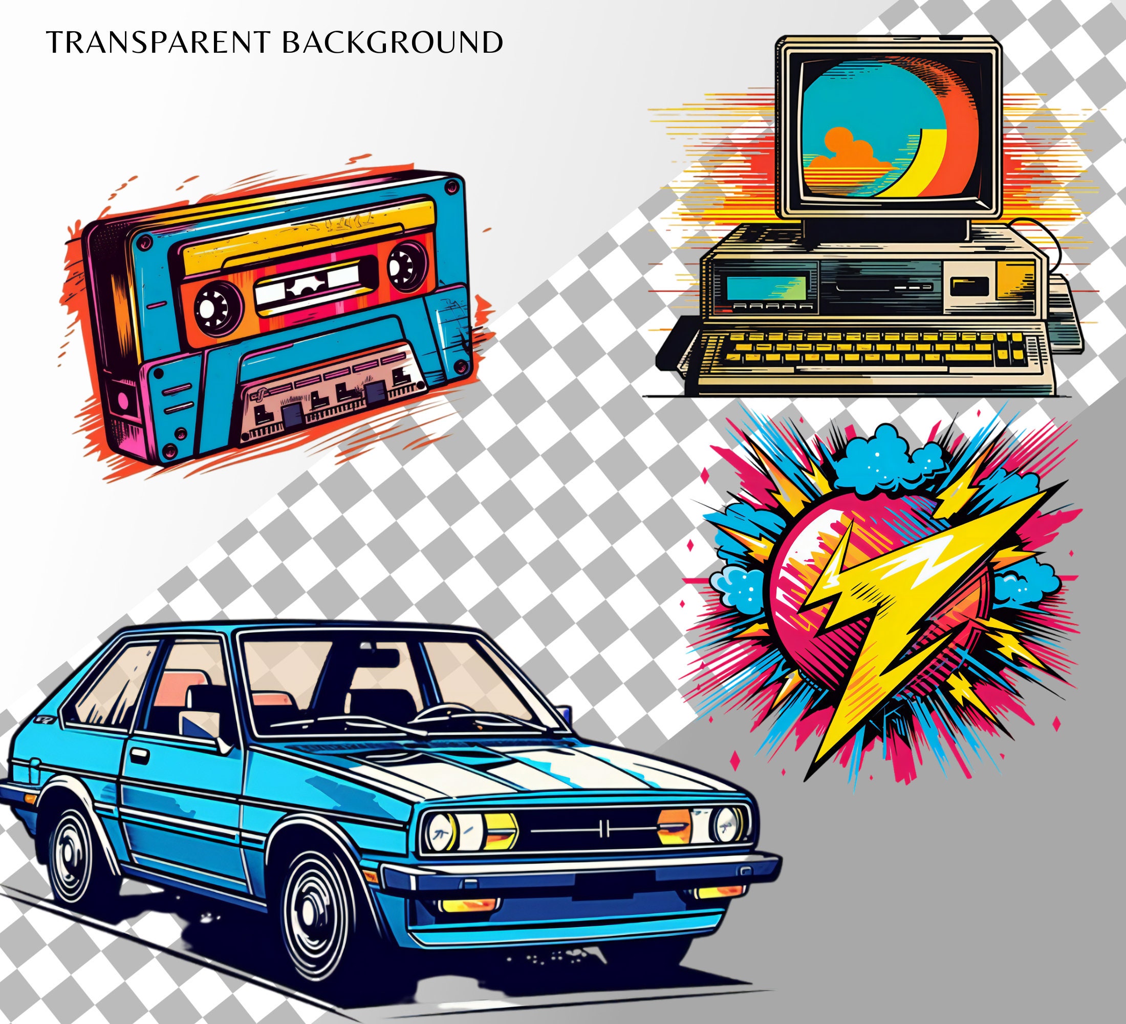 80s Retro Clipart Bundle Vintage 80s Clipart Png Neon, Instant Download