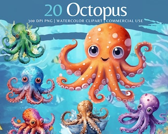 Watercolor Octopus Clipart Bundle: Sea Animals PNG Images (Instant Download)