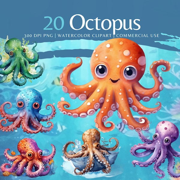 Octopus Watercolor Clip Art Bundle | under the Sea animals Clipart png | Sea Life, Instant Download Images | Commercial use