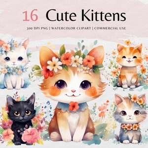 Clipart chaton avec des fleurs, Cat Nursery Art | Chat mignon aquarelle Clipart png | Images à téléchargement instantané | Un usage commercial