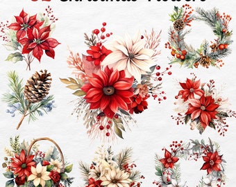 Watercolor Christmas Flower Clipart: Poinsettia Wreath PNG (Commercial Use)