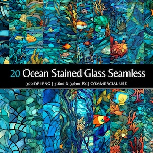 Pode incluir: Um conjunto de 20 padrões sem costura de vitrais com tema oceânico. Os desenhos apresentam peixes coloridos, corais e algas marinhas em tons de azul, verde e laranja. A imagem inclui o texto "20 Ocean Stained Glass Seamless".