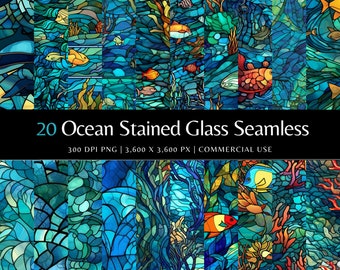 Ocean Stained Glass Seamless Patterns: Under the Sea PNG (Digital Download)