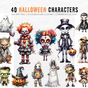 Personajes de Halloween ClipArt / Linda acuarela de Halloween png / Esqueleto, Fantasma, Payaso, Monstruo, Zombi, calavera de azúcar, Uso comercial