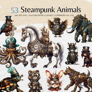 Steampunk Tiere Aquarell Clipart Bundle | Fantasy Tiere png | Steampunk Clipart, kommerzielle Nutzung, Instant Download, Junk Journal