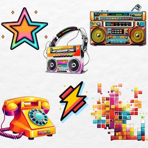 80s Retro Clipart Bundle Vintage 80s Clipart Png Neon, Instant Download