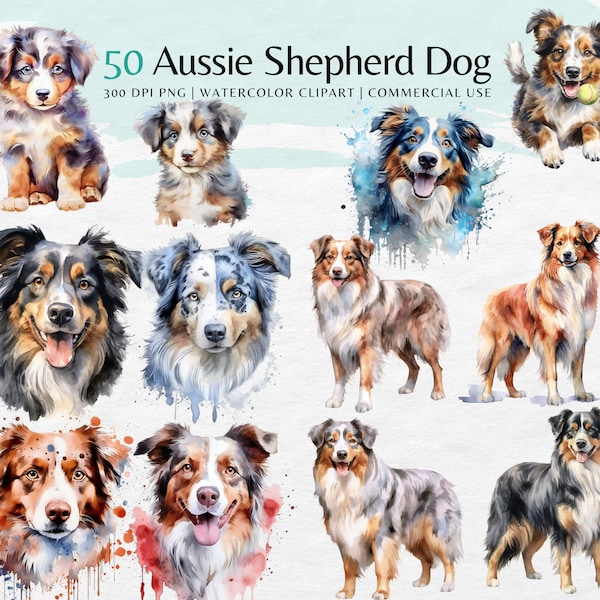 Clipart digital de perro pastor australiano, paquete de perro acuarela / PNG Aussie Dog Clip art / Imágenes de descarga instantánea / Uso comercial