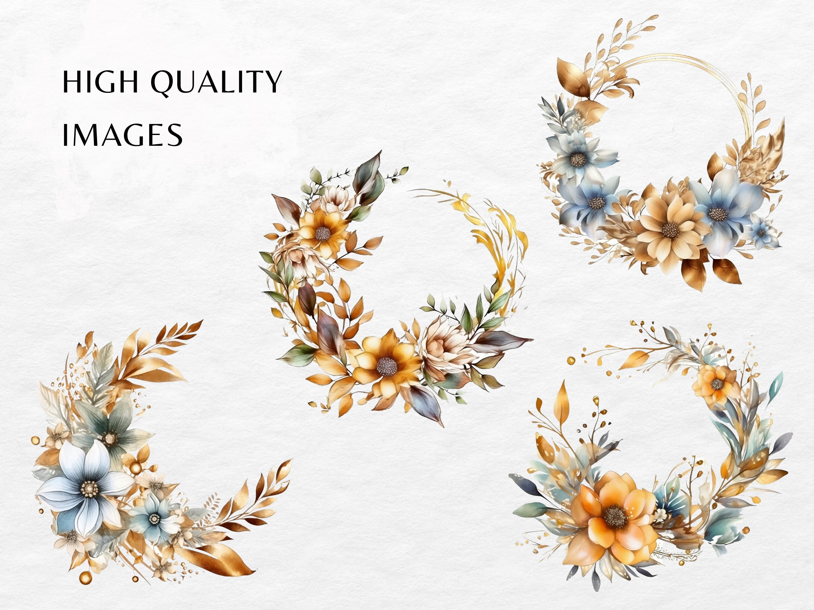 Golden Flowers Watercolor Clip Art Bundle PNG Floral - Etsy