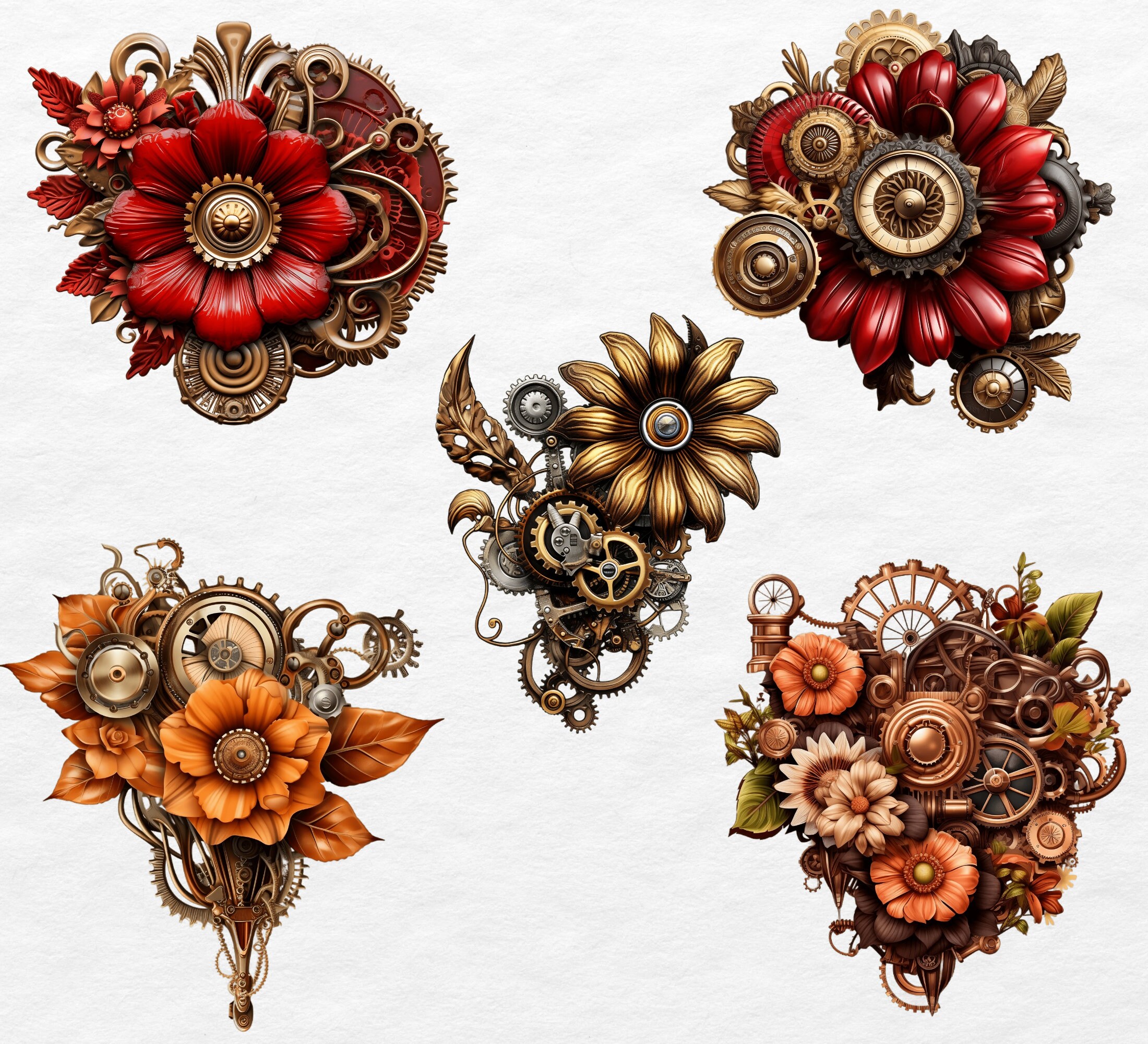 Steampunk Watercolor Flowers Clipart Bundle | Fantasy Floral Png ...