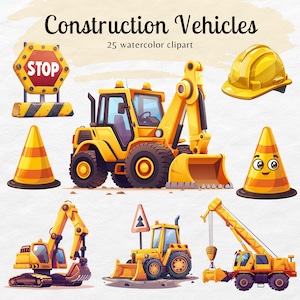 Véhicules de construction | Aquarelle png | Camion à benne basculante, bébé camion de construction, décoration de chambre de bébé, clipart d'excavatrice