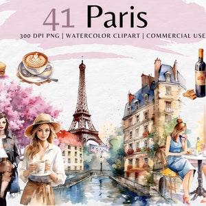 Paris Aquarelle Clipart Bundle | Paris fille clipart | Tour Eiffel png | Paris clipart png | Images de téléchargement instantané | Un usage commercial