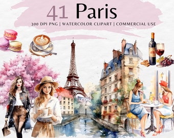 Paris Watercolor Clipart Bundle: Eiffel Tower, Cafe Scenes (Instant Download)