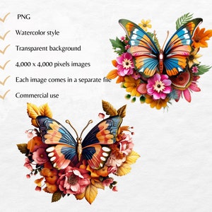 May include: A watercolor illustration of a butterfly with blue, orange, and yellow wings surrounded by a bouquet of flowers in shades of pink, orange, and yellow.