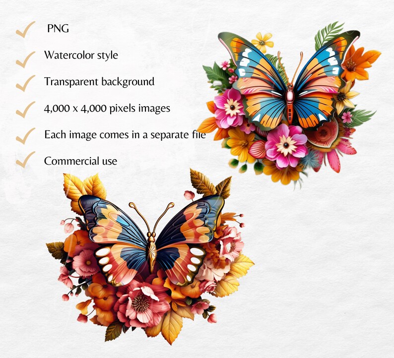 May include: A watercolor illustration of a butterfly with blue, orange, and yellow wings surrounded by a bouquet of flowers in shades of pink, orange, and yellow.