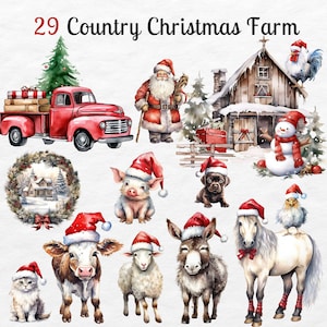 Pacote de clipart de Natal do país png, clipart de fazenda de Natal aconchegante, download digital de animais | Uso comercial, Aquarela Natal Papai Noel png