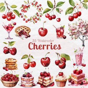 Pacote aquarela de clipart de cereja | Cereja png | Download instantâneo de imagens | Uso comercial, sublimação de cereja, clipart de frutas, flor de cerejeira