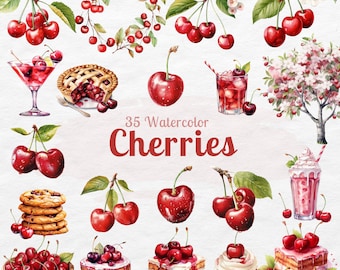 Watercolor Cherry Clipart Bundle: 35 PNG Images (Commercial Use)