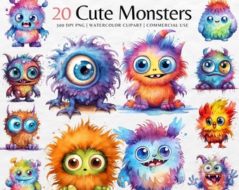 Schattige Monster ClipArt aquarelbundel | Fantasiemonsters png | Afbeeldingen direct downloaden | Grillige illustraties
