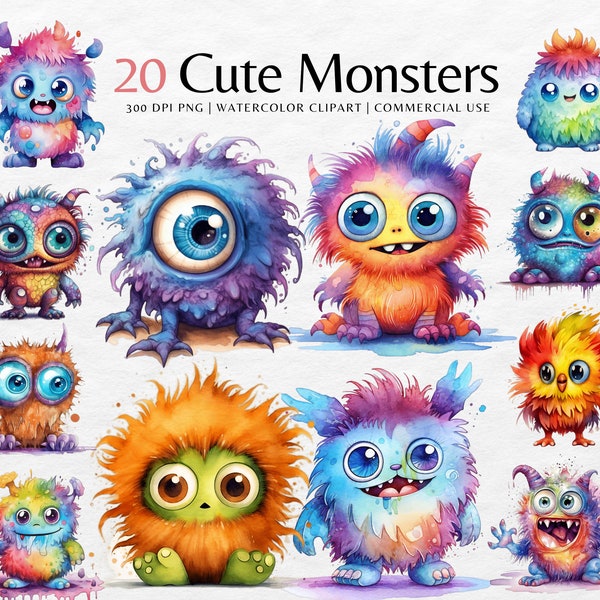 Niedliches Monster Aquarell ClipArt Bündel | Fantasy Monsters png | Sofortiger Download Bilder | Skurrile Clipart