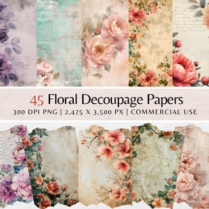 Pacote de papel para decoupage floral | Papel digital PNG A4, Shabby Journal, Papel digital floral | papel floral png, Junk Journal, Uso comercial