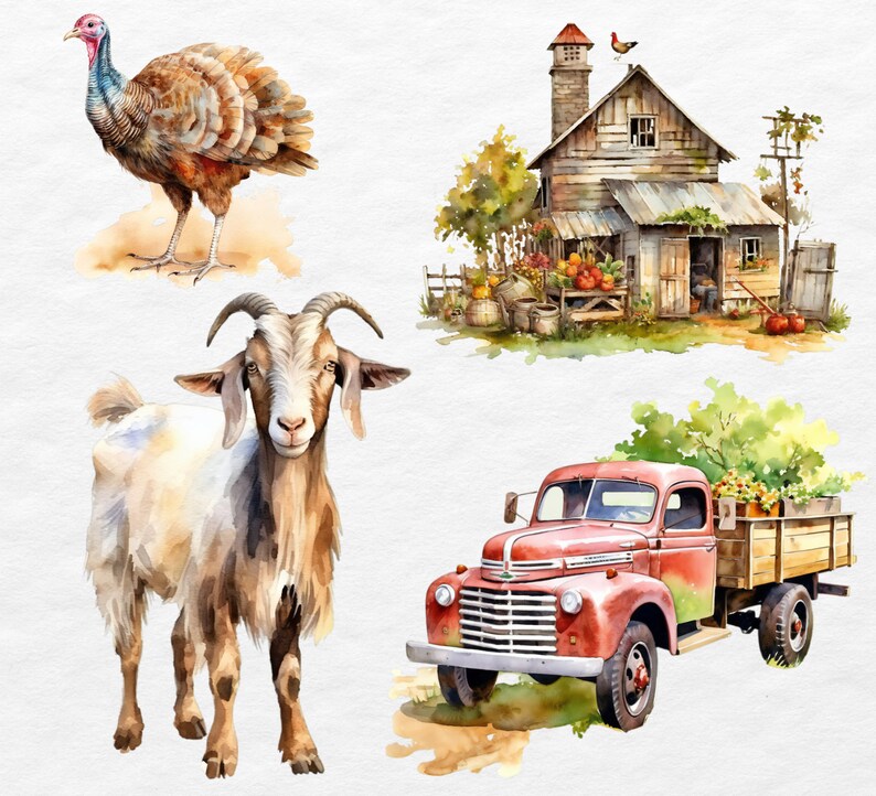 Watercolor Farm Animals Clipart Bundle: Barnyard PNG Images (commercial ...