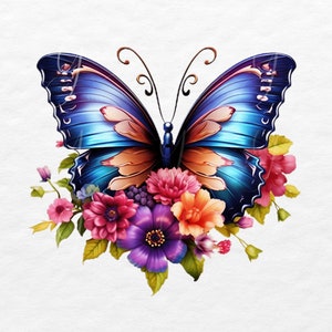 May include: A blue butterfly with orange and brown markings is surrounded by a cluster of pink, purple, and orange flowers. The butterfly is in the center of the image and the flowers are arranged around it.