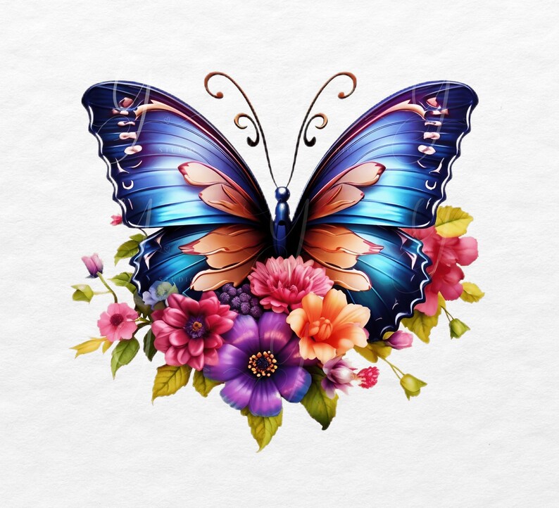 May include: A blue butterfly with orange and brown markings is surrounded by a cluster of pink, purple, and orange flowers. The butterfly is in the center of the image and the flowers are arranged around it.