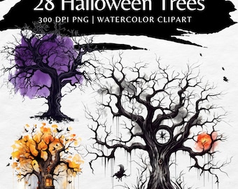 May include: A set of 28 Halloween tree illustrations in watercolor style. The trees are in various stages of decay and have a spooky, whimsical feel. The trees are perfect for adding a touch of Halloween magic to your projects.