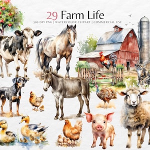 Bauernhof Tiere Aquarell Clip Art Bundle | Niedliche Tiere Clipart png | Farm Life, Scheune, Hund, Katze, Huhn, Pferd, Esel, Kuh | Kommerzielle Nutzung