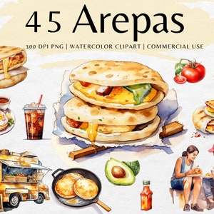 Arepas ClipArt | Essen Aquarell Clip Art Bundle | Restaurant Clipart PNG | Fast Food Clipart Sofort Download Bilder | Kommerzielle Nutzung
