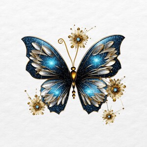 May include: A blue and gold butterfly with intricate details and a sparkly finish. The butterfly is surrounded by small gold flowers with blue centers.