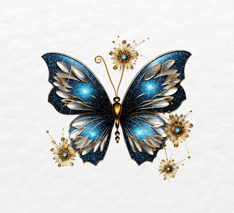 May include: A blue and gold butterfly with intricate details and a sparkly finish. The butterfly is surrounded by small gold flowers with blue centers.
